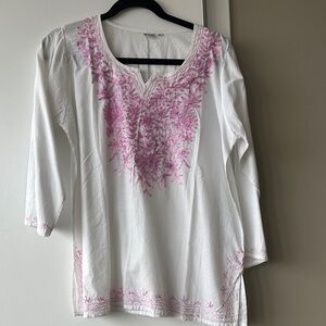 Chic White and Pink Embroidered Women's Tunic
